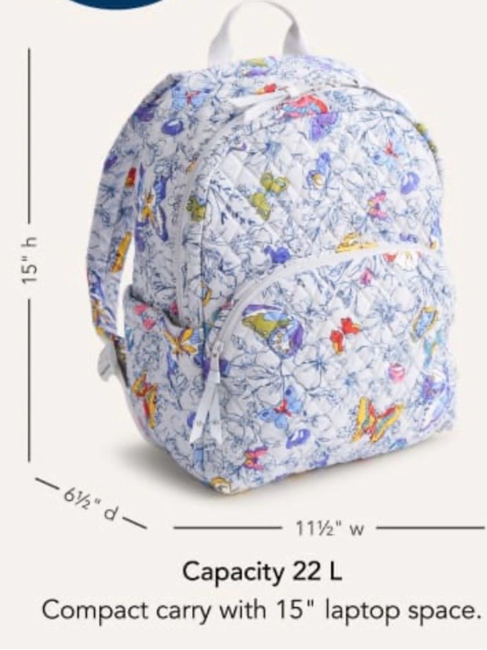 Vera Bradley Quilted Butterfly Floral Backpack - Light Blue, Yellow, Purple - Picture 6 of 6
